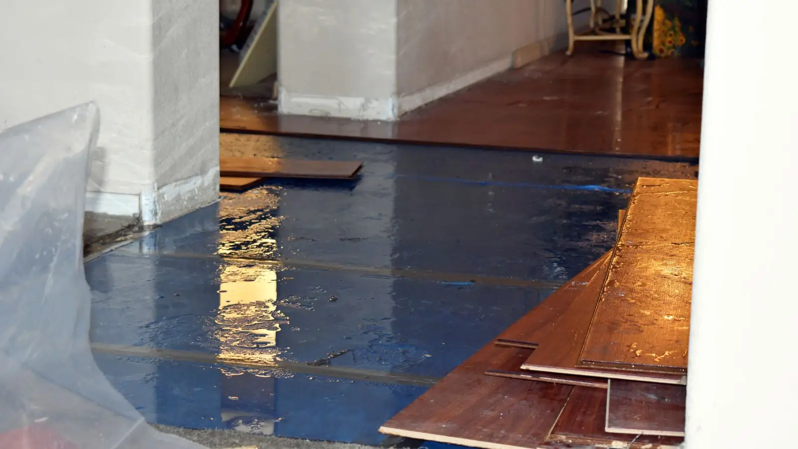 Wood flooring lifted over plastic sheeting after a leak